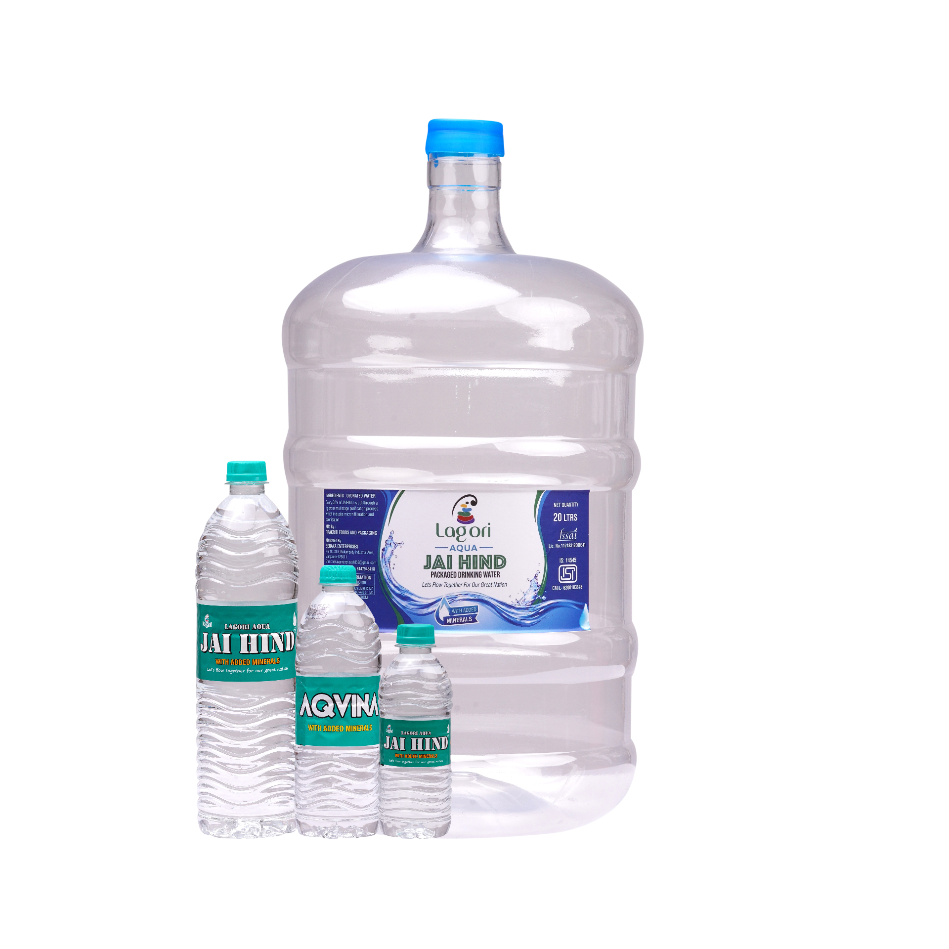 The Lagori portfolio — Jai Hind 250 ml, 1 L and 20 L jar with Aqvina 500 ml